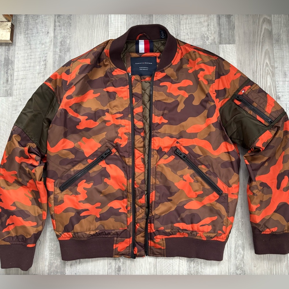 Tommy Hilfiger Orange and Brown Camouflage Bomber Jacket‎